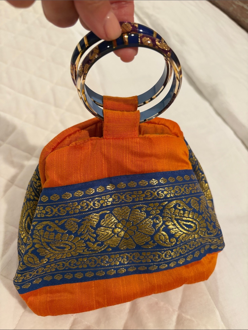 Orange and Blue Embroidered Silk Wristlet Bag